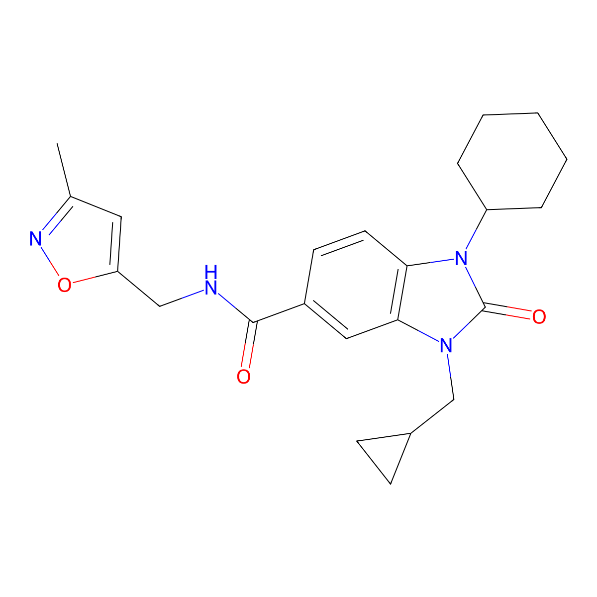 1-Cyclohexyl-3-(cyclopropylmethyl)-N-((3-methylisoxazol-5-yl)methyl)-2-oxo-2,3-dihydro-1H-benzo[d]imidazole-5-carboxamide molecular structure, CAS 1394592-04-1