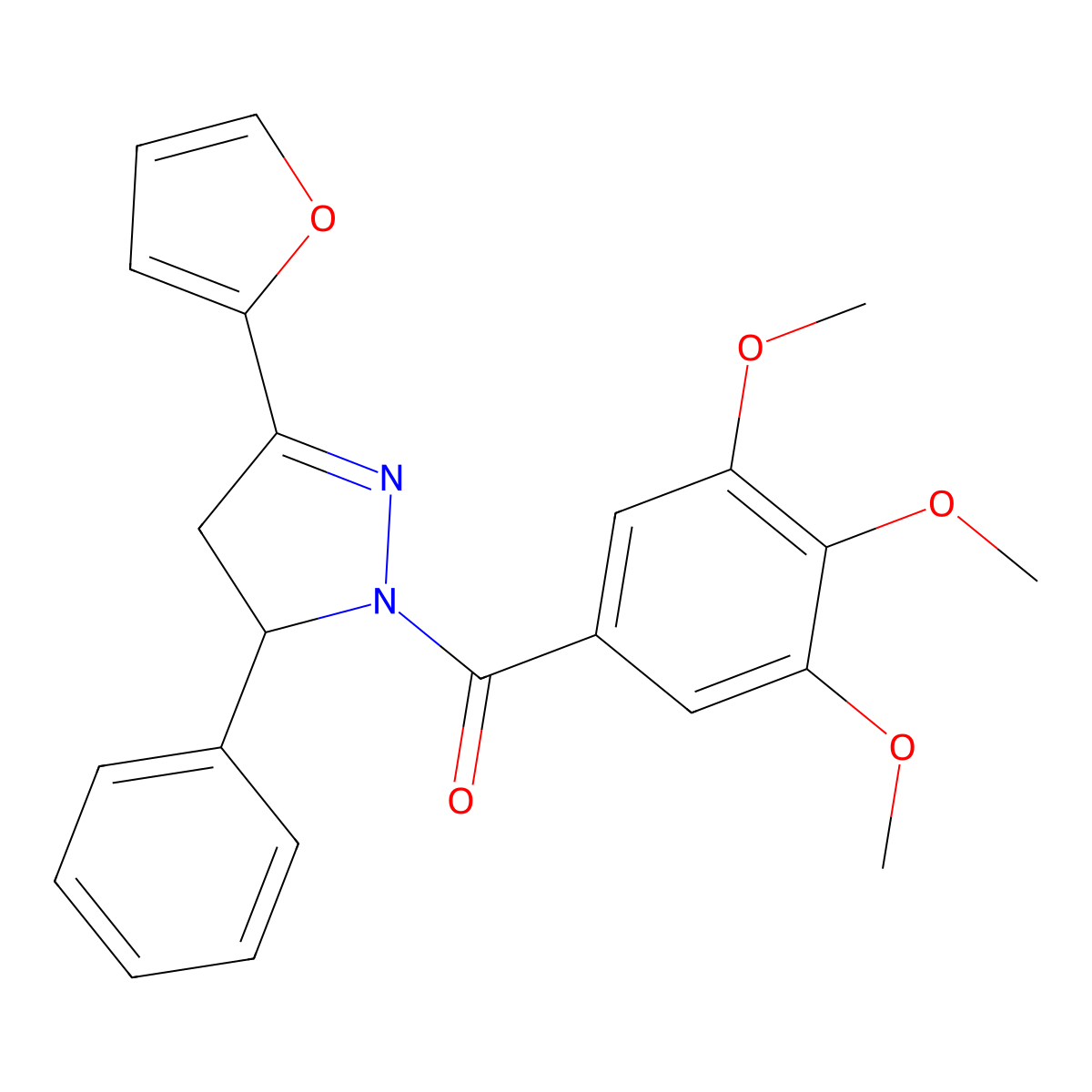 3-(furan-2-yl)-5-phenyl-1-(3,4,5-trimethoxybenzoyl)-4,5-dihydro-1H-pyrazole molecular structure, CAS 1394651-81-0