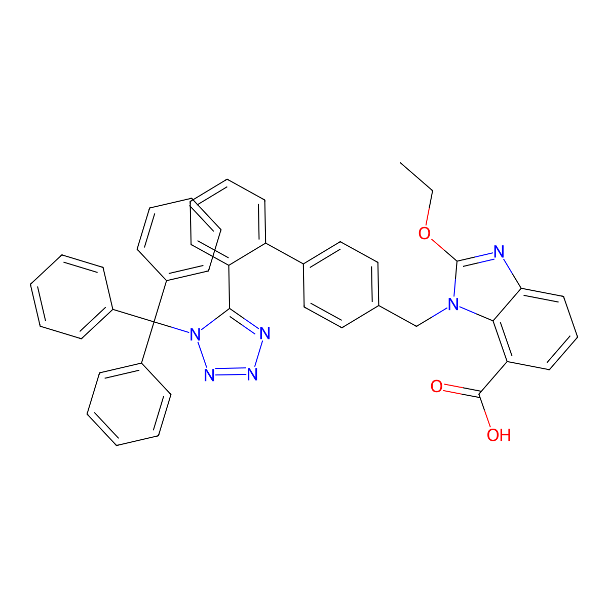 2-Ethoxy-1-((2'-(1-(triphenylmethyl)-1H-tetrazol-5-yl)(1,1'-biphenyl)-4-yl)methyl)-1H-benzimidazole-7-carboxylic acid molecular structure, CAS 139481-72-4
