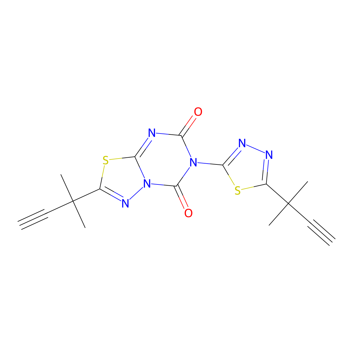 2-(2-methylbut-3-yn-2-yl)-6-(5-(2-methylbut-3-yn-2-yl)-1,3,4-thiadiazol-2-yl)-5H-[1,3,4]thiadiazolo[3,2-a][1,3,5]triazine-5,7(6H)-dione molecular structure, CAS 1394838-87-9