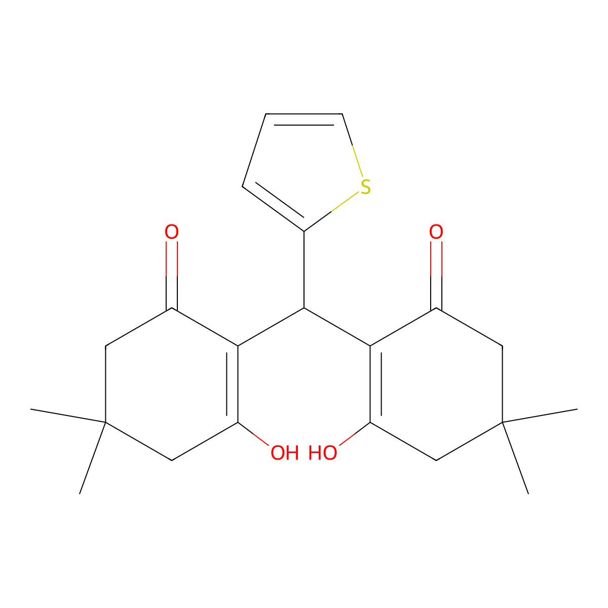 3-Hydroxy-2-((6-hydroxy-4,4-dimethyl-2-oxocyclohex-1-enyl)-2-thienylmethyl)-5,5-dimethylcyclohex-2-en-1-one molecular structure, CAS 139484-14-3