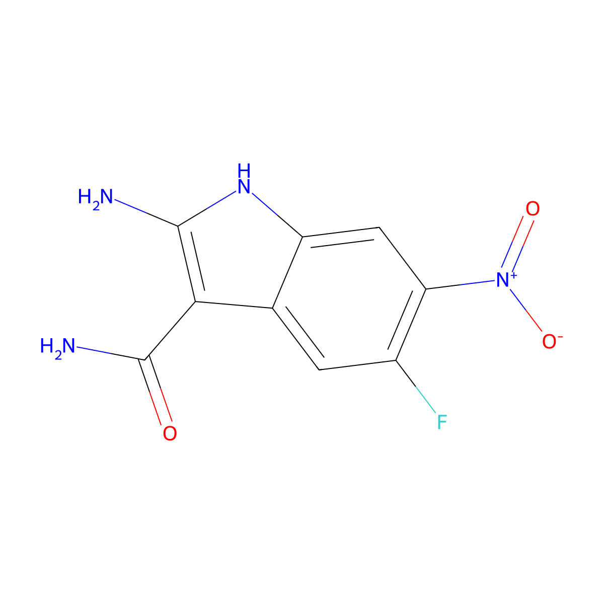 2-amino-5-fluoro-6-nitro-1H-indole-3-carboxamide molecular structure, CAS 139495-88-8