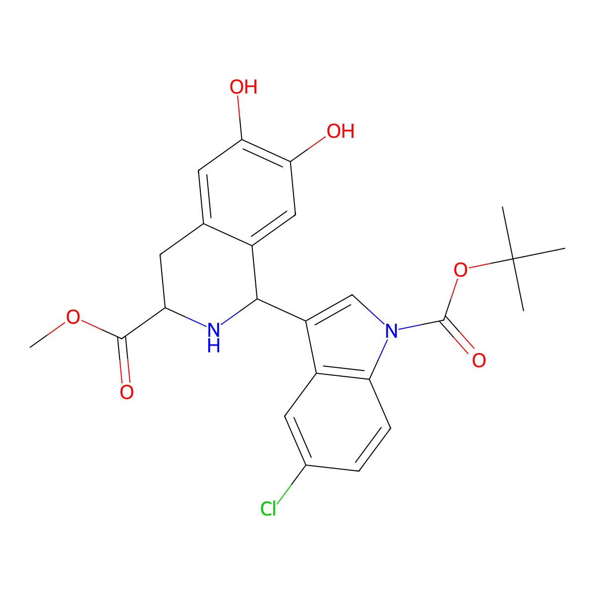 methyl (1R,3S)-1-(1-(tert-butoxycarbonyl)-5-chloro-1H-indol-3-yl)-6,7-dihydroxy-1,2,3,4-tetrahydroisoquinoline-3-carboxylate molecular structure, CAS 1395347-28-0