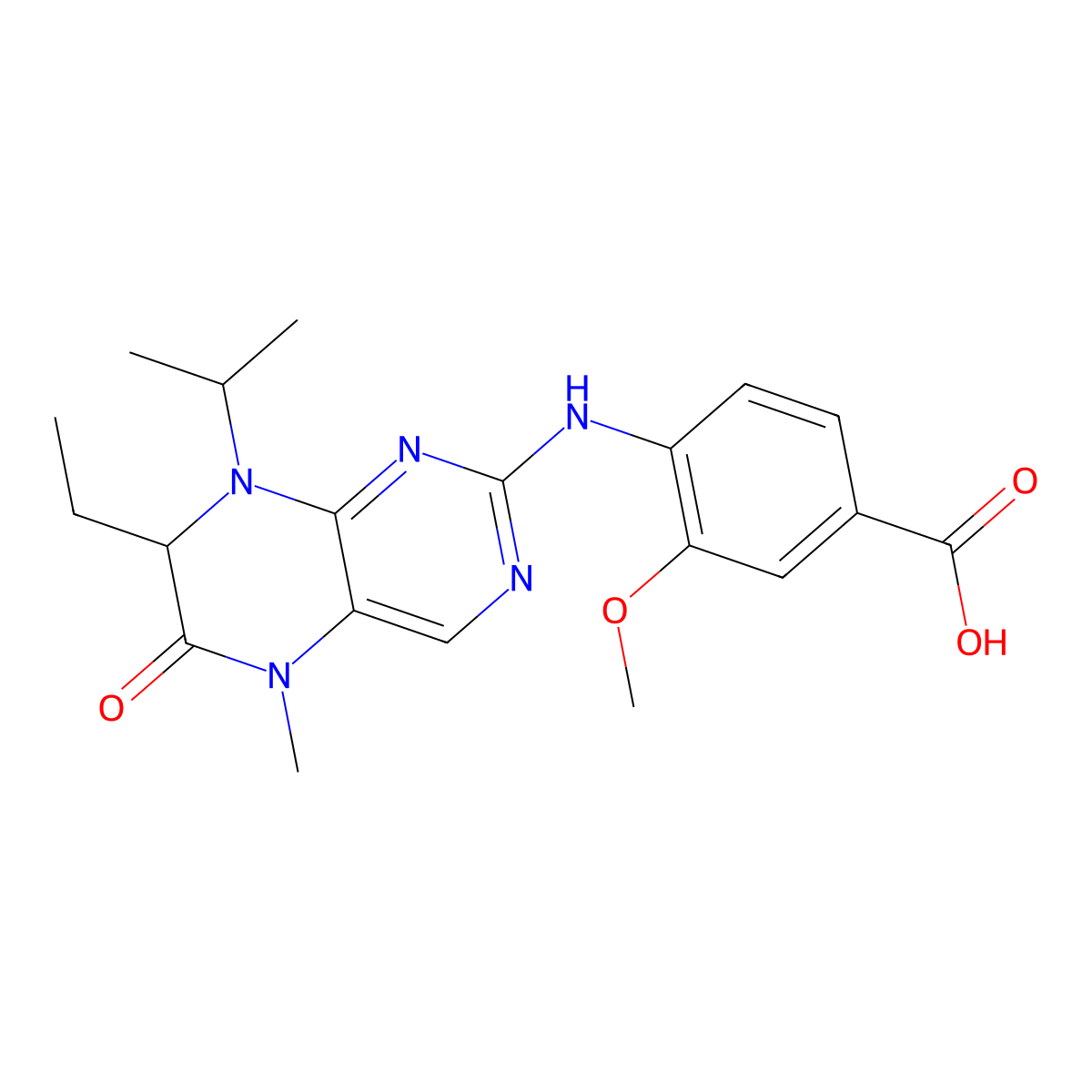 4-((7-Ethyl-8-isopropyl-5-methyl-6-oxo-5,6,7,8-tetrahydropteridin-2-yl)amino)-3-methoxybenzoic acid molecular structure, CAS 1395492-94-0