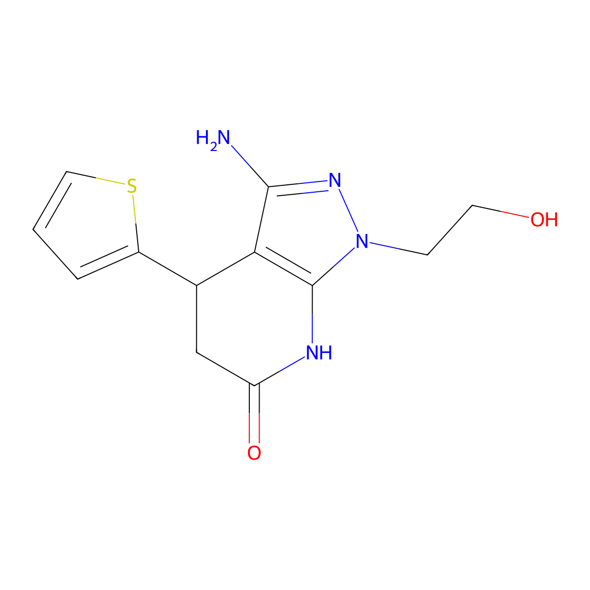 3-amino-1-(2-hydroxyethyl)-4-(2-thienyl)-1,4,5,7-tetrahydro-6H-pyrazolo[3,4-b]pyridin-6-one molecular structure, CAS 1395786-37-4