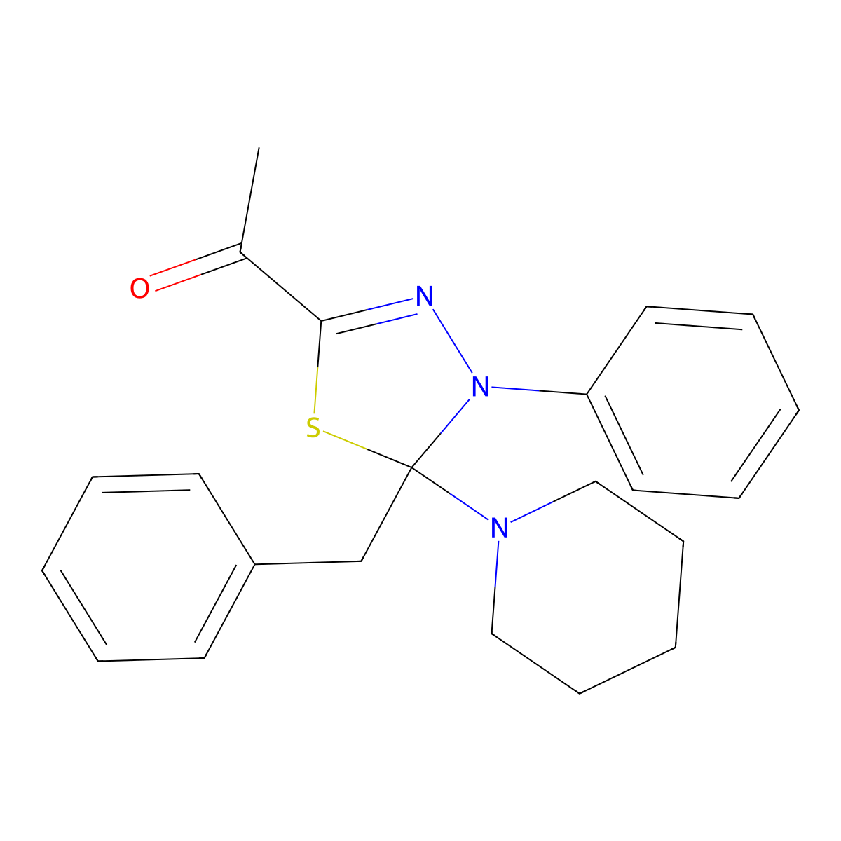 Ethanone, 1-(4,5-dihydro-4-phenyl-5-(phenylmethyl)-5-(1-piperidinyl)-1,3,4-thiadiazol-2-yl)- molecular structure, CAS 139617-46-2
