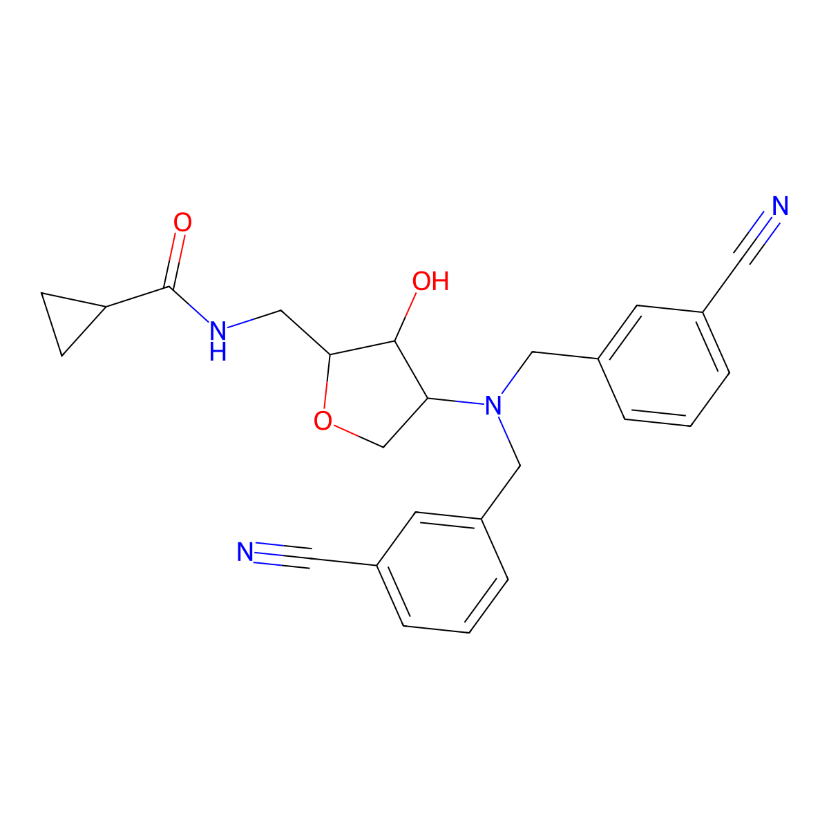N-[[(2R,3S,4R)-4-[Bis[(3-cyanophenyl)methyl]amino]-3-hydroxyoxolan-2-yl]methyl]cyclopropanecarboxamide molecular structure, CAS 1396403-14-7