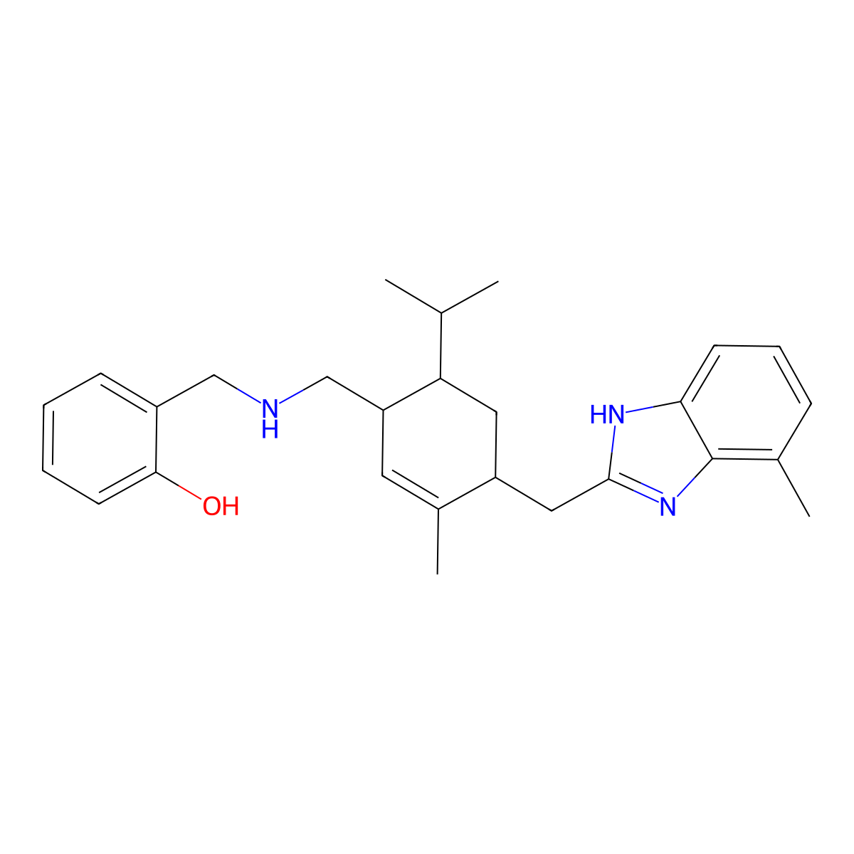 2-(((((1S,4S,6S)-6-Isopropyl-3-methyl-4-((7-methyl-1H-benzo[d]imidazol-2-yl)methyl)cyclohex-2-en-1-yl)methyl)amino)methyl)phenol molecular structure, CAS 1396441-99-8