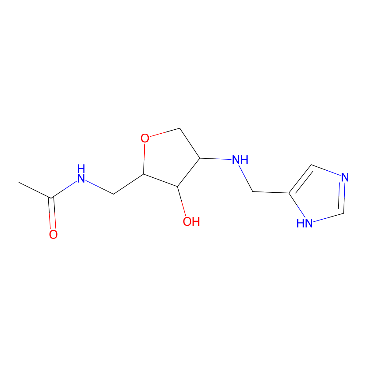 N-(((2R,3S,4R)-4-(((1H-Imidazol-5-yl)methyl)amino)-3-hydroxytetrahydrofuran-2-yl)methyl)acetamide molecular structure, CAS 1396447-31-6