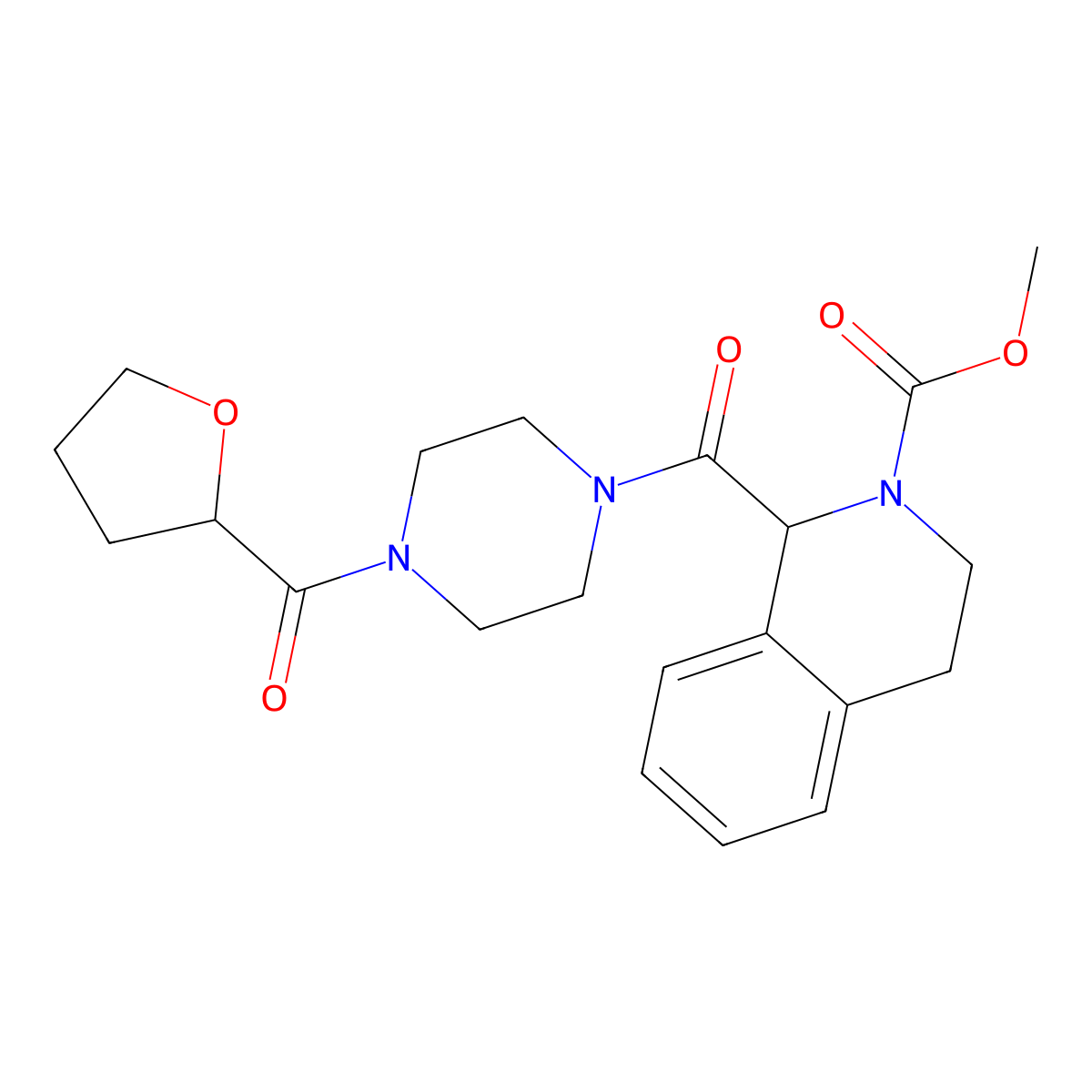 methyl 1-(4-(tetrahydrofuran-2-carbonyl)piperazine-1-carbonyl)-3,4-dihydroisoquinoline-2(1H)-carboxylate molecular structure, CAS 1396555-73-9
