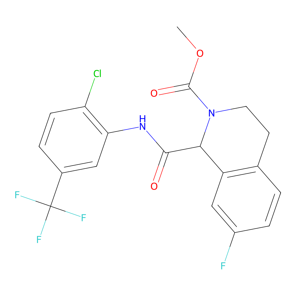 methyl 1-((2-chloro-5-(trifluoromethyl)phenyl)carbamoyl)-7-fluoro-3,4-dihydroisoquinoline-2(1H)-carboxylate molecular structure, CAS 1396555-93-3