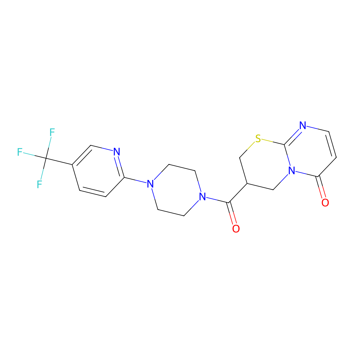 3-(4-(5-(trifluoromethyl)pyridin-2-yl)piperazine-1-carbonyl)-3,4-dihydropyrimido[2,1-b][1,3]thiazin-6(2H)-one molecular structure, CAS 1396556-17-4