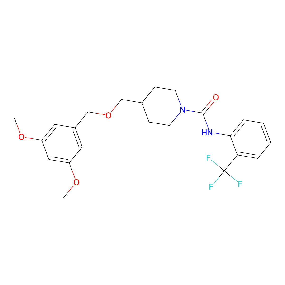 4-(((3,5-dimethoxybenzyl)oxy)methyl)-N-(2-(trifluoromethyl)phenyl)piperidine-1-carboxamide molecular structure, CAS 1396557-25-7