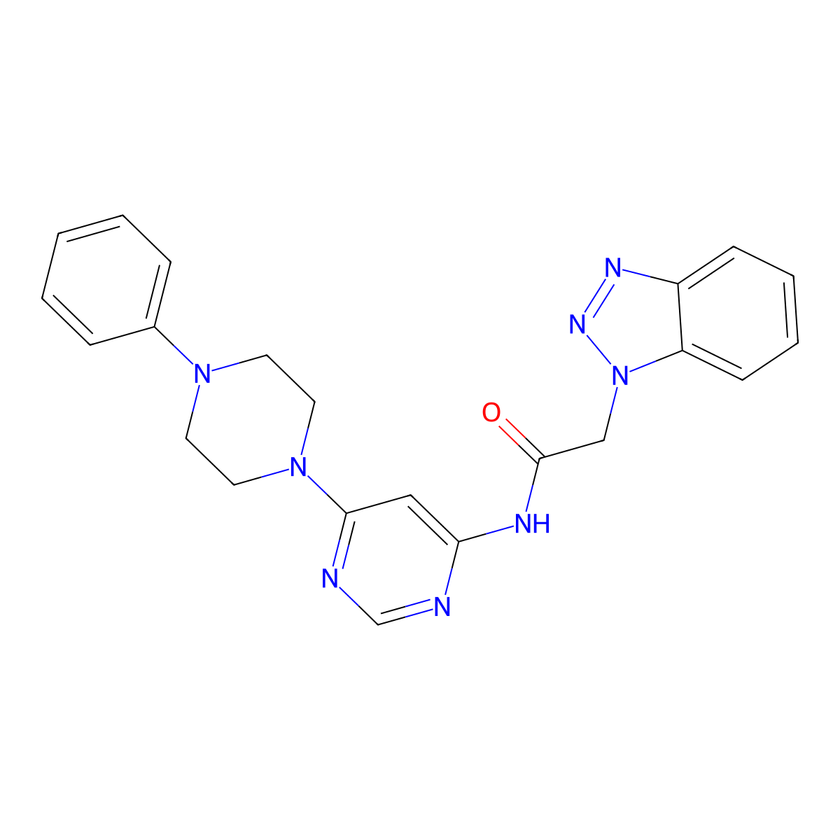 2-(1H-benzo[d][1,2,3]triazol-1-yl)-N-(6-(4-phenylpiperazin-1-yl)pyrimidin-4-yl)acetamide molecular structure, CAS 1396557-72-4