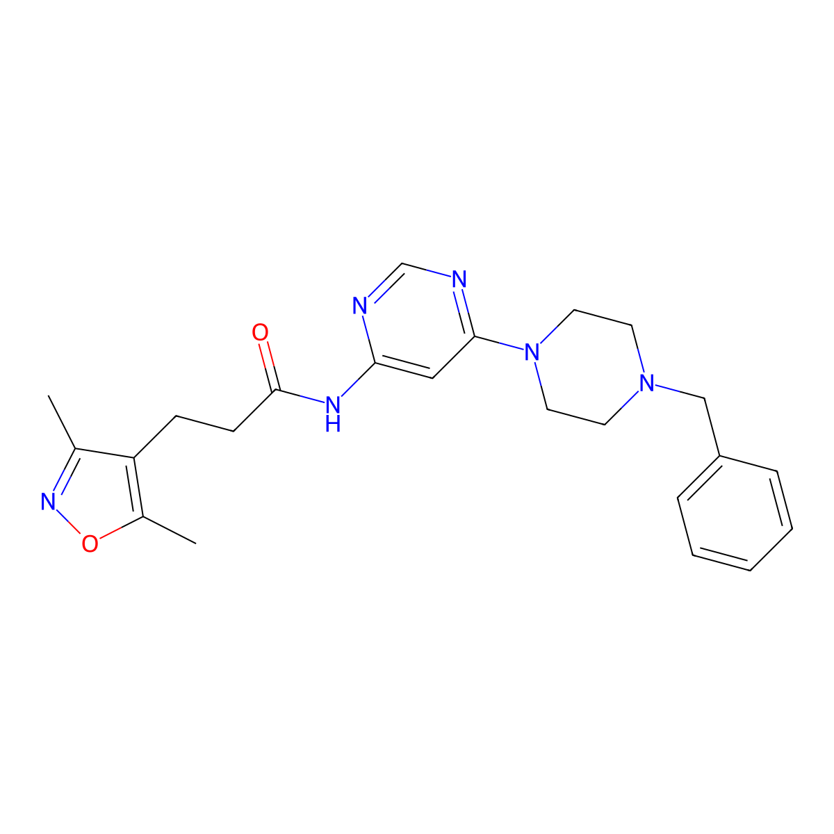 N-(6-(4-benzylpiperazin-1-yl)pyrimidin-4-yl)-3-(3,5-dimethylisoxazol-4-yl)propanamide molecular structure, CAS 1396557-87-1