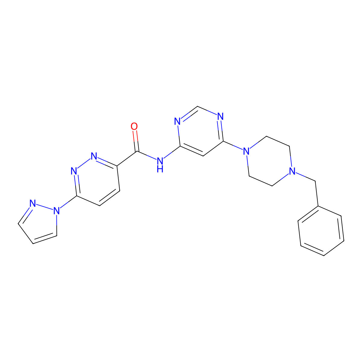 N-(6-(4-benzylpiperazin-1-yl)pyrimidin-4-yl)-6-(1H-pyrazol-1-yl)pyridazine-3-carboxamide molecular structure, CAS 1396558-36-3