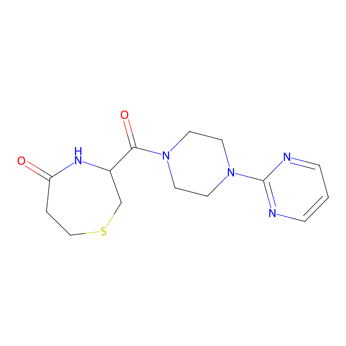 3-(4-(Pyrimidin-2-yl)piperazine-1-carbonyl)-1,4-thiazepan-5-one molecular structure, CAS 1396558-53-4