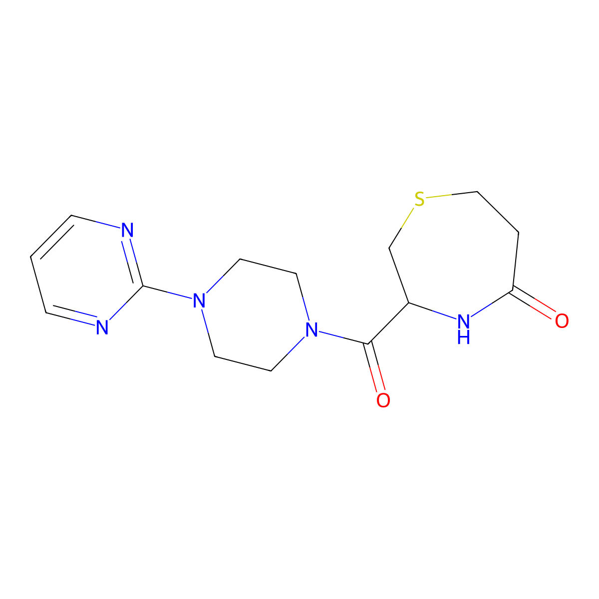 3-(4-(Pyrimidin-2-yl)piperazine-1-carbonyl)-1,4-thiazepan-5-one molecular structure, CAS 1396558-53-4