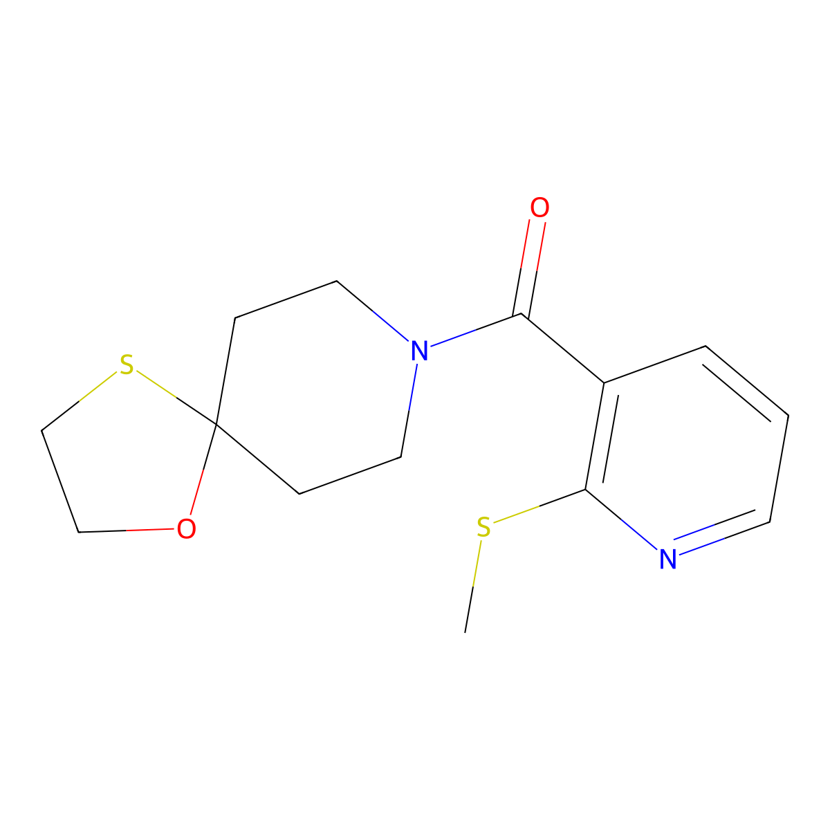 (2-(Methylthio)pyridin-3-yl)(1-oxa-4-thia-8-azaspiro[4.5]decan-8-yl)methanone molecular structure, CAS 1396558-71-6