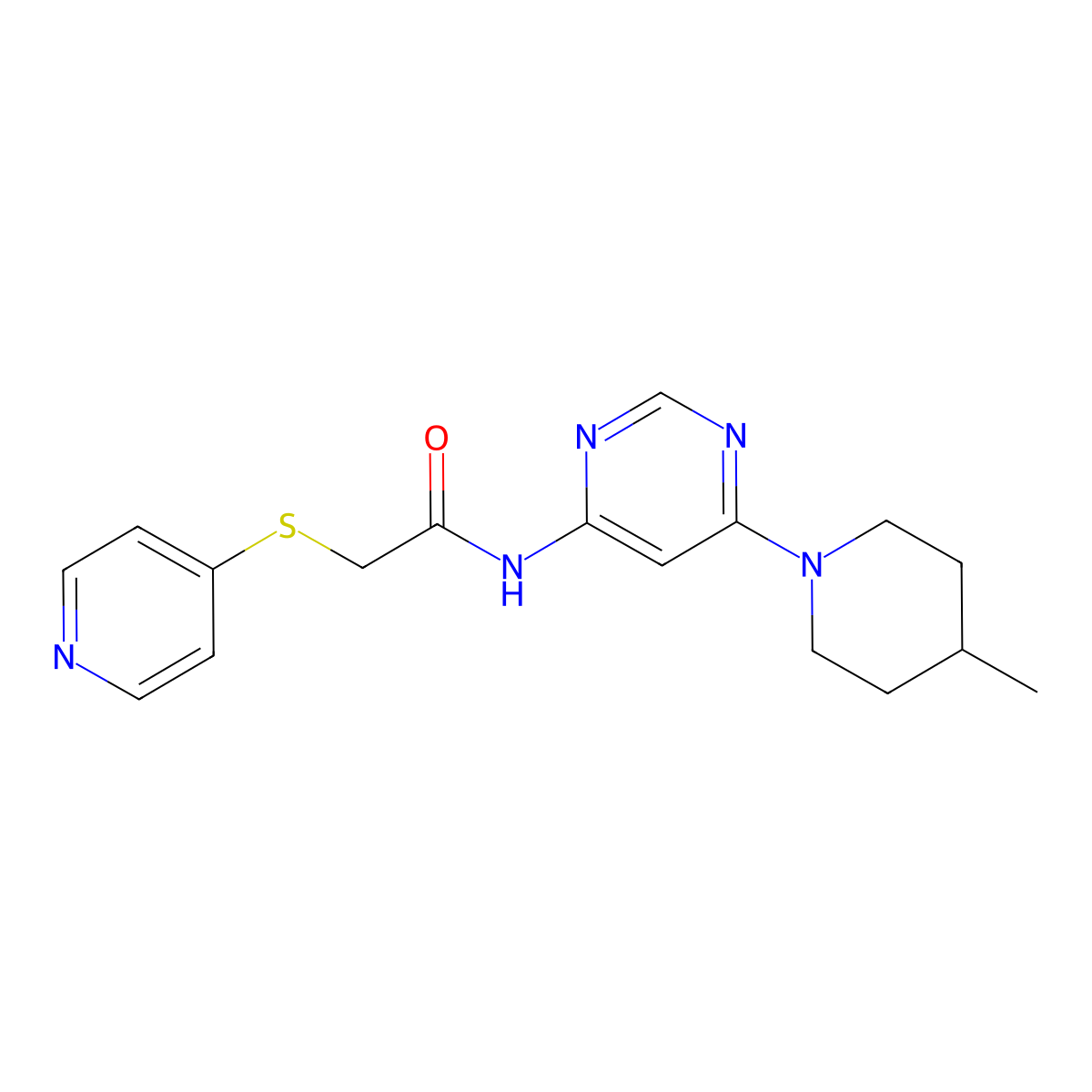 N-(6-(4-methylpiperidin-1-yl)pyrimidin-4-yl)-2-(pyridin-4-ylthio)acetamide molecular structure, CAS 1396558-79-4