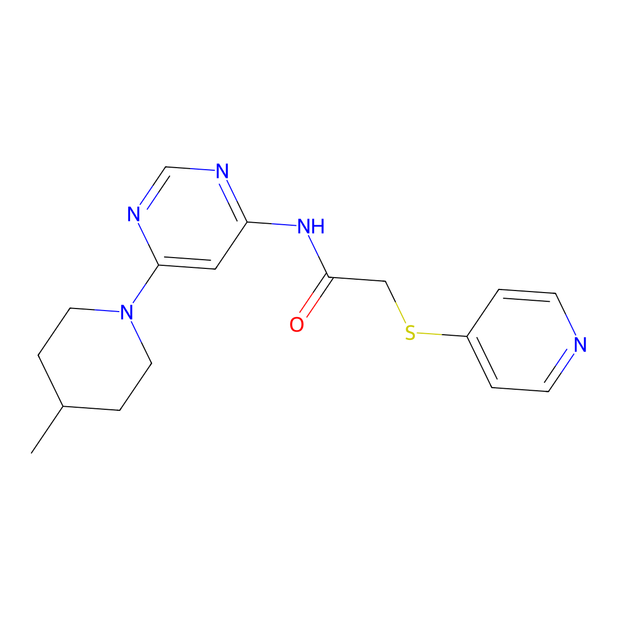 N-(6-(4-methylpiperidin-1-yl)pyrimidin-4-yl)-2-(pyridin-4-ylthio)acetamide molecular structure, CAS 1396558-79-4