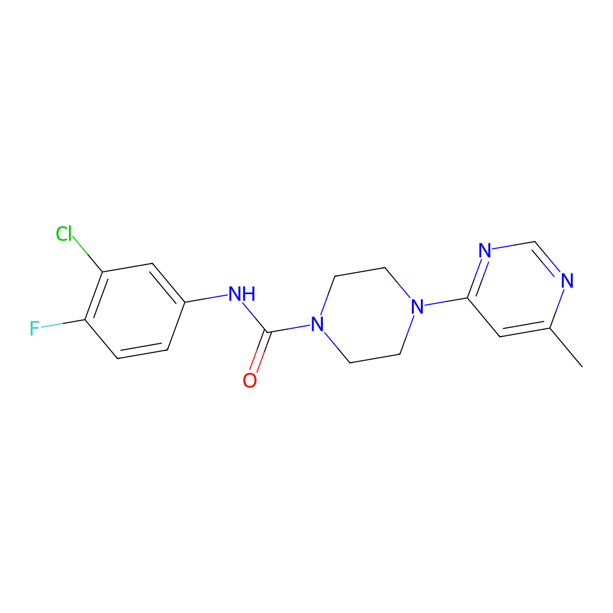 N-(3-chloro-4-fluorophenyl)-4-(6-methylpyrimidin-4-yl)piperazine-1-carboxamide molecular structure, CAS 1396558-98-7