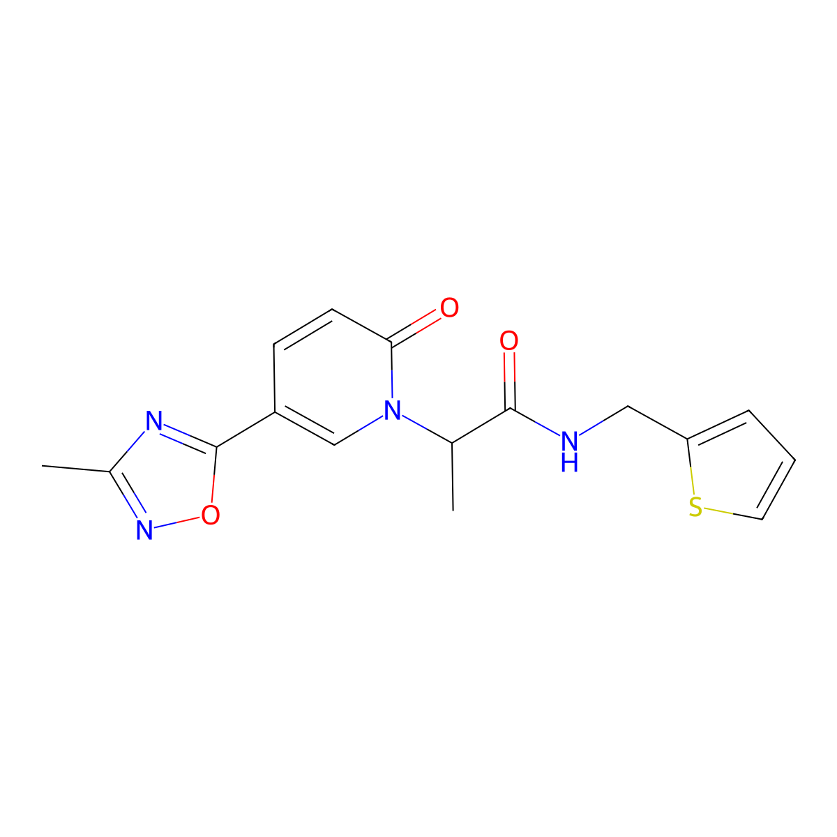 2-[5-(3-methyl-1,2,4-oxadiazol-5-yl)-2-oxopyridin-1(2H)-yl]-N-(2-thienylmethyl)propanamide molecular structure, CAS 1396559-47-9