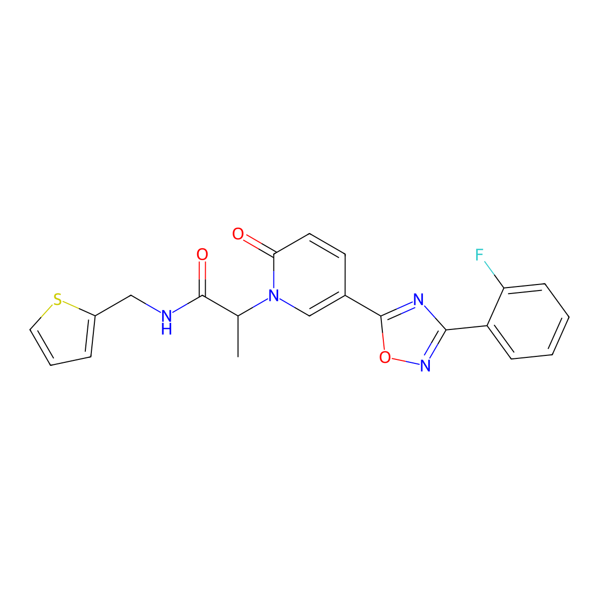 2-[5-[3-(2-fluorophenyl)-1,2,4-oxadiazol-5-yl]-2-oxopyridin-1(2H)-yl]-N-(2-thienylmethyl)propanamide molecular structure, CAS 1396559-92-4