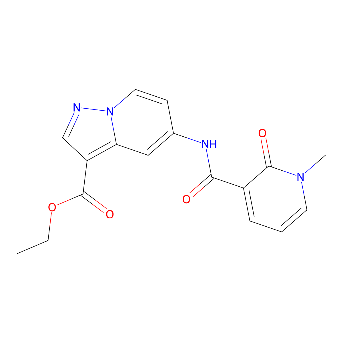 Ethyl 5-(1-methyl-2-oxo-1,2-dihydropyridine-3-carboxamido)pyrazolo[1,5-a]pyridine-3-carboxylate molecular structure, CAS 1396560-06-7