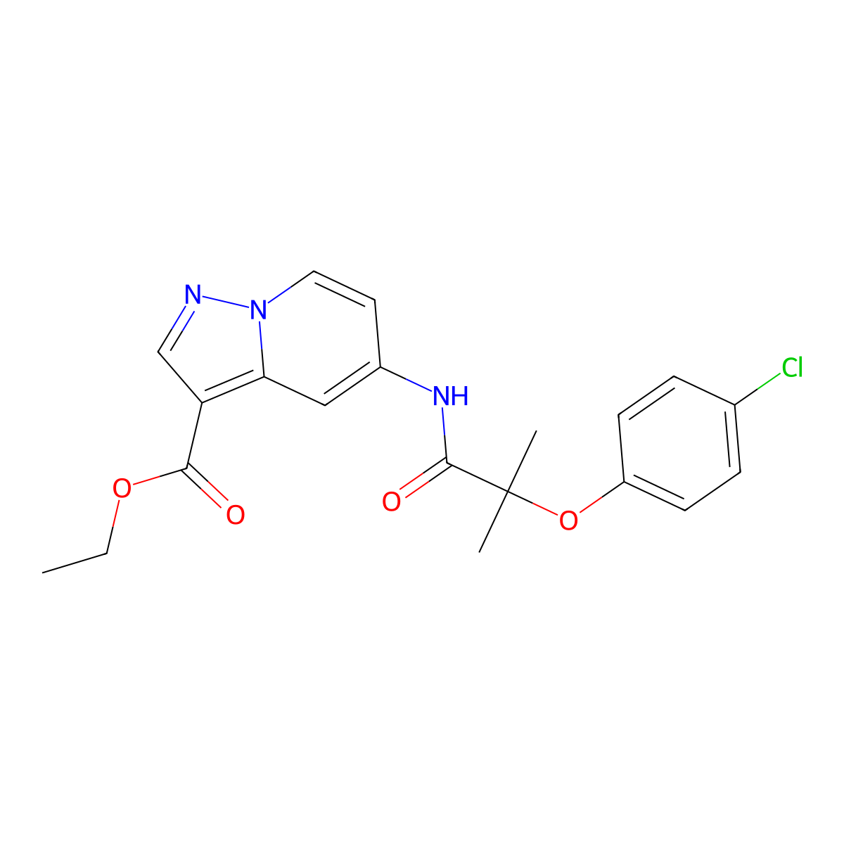 Ethyl 5-(2-(4-chlorophenoxy)-2-methylpropanamido)pyrazolo[1,5-a]pyridine-3-carboxylate molecular structure, CAS 1396561-12-8