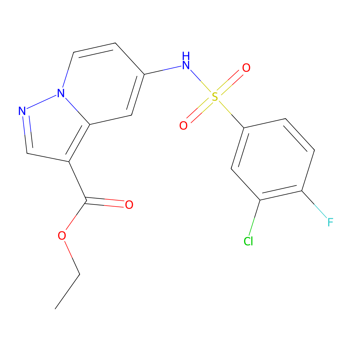 Ethyl 5-(3-chloro-4-fluorobenzenesulfonamido)pyrazolo[1,5-a]pyridine-3-carboxylate molecular structure, CAS 1396563-64-6