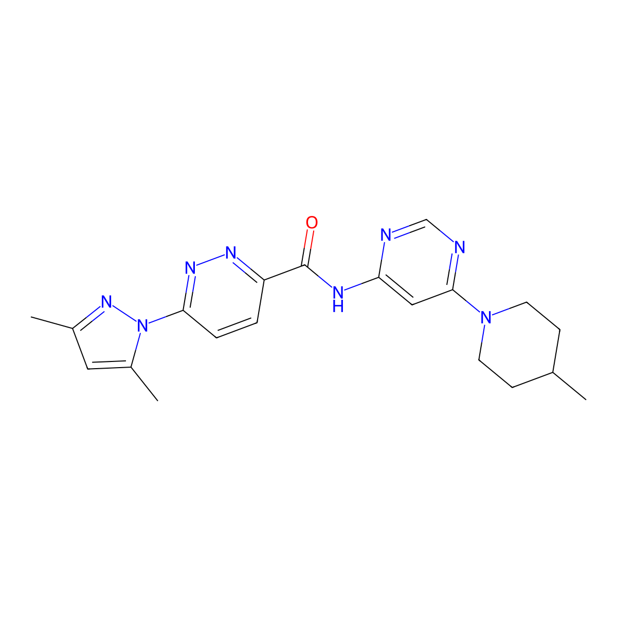 6-(3,5-dimethyl-1H-pyrazol-1-yl)-N-[6-(4-methylpiperidin-1-yl)pyrimidin-4-yl]pyridazine-3-carboxamide molecular structure, CAS 1396563-93-1