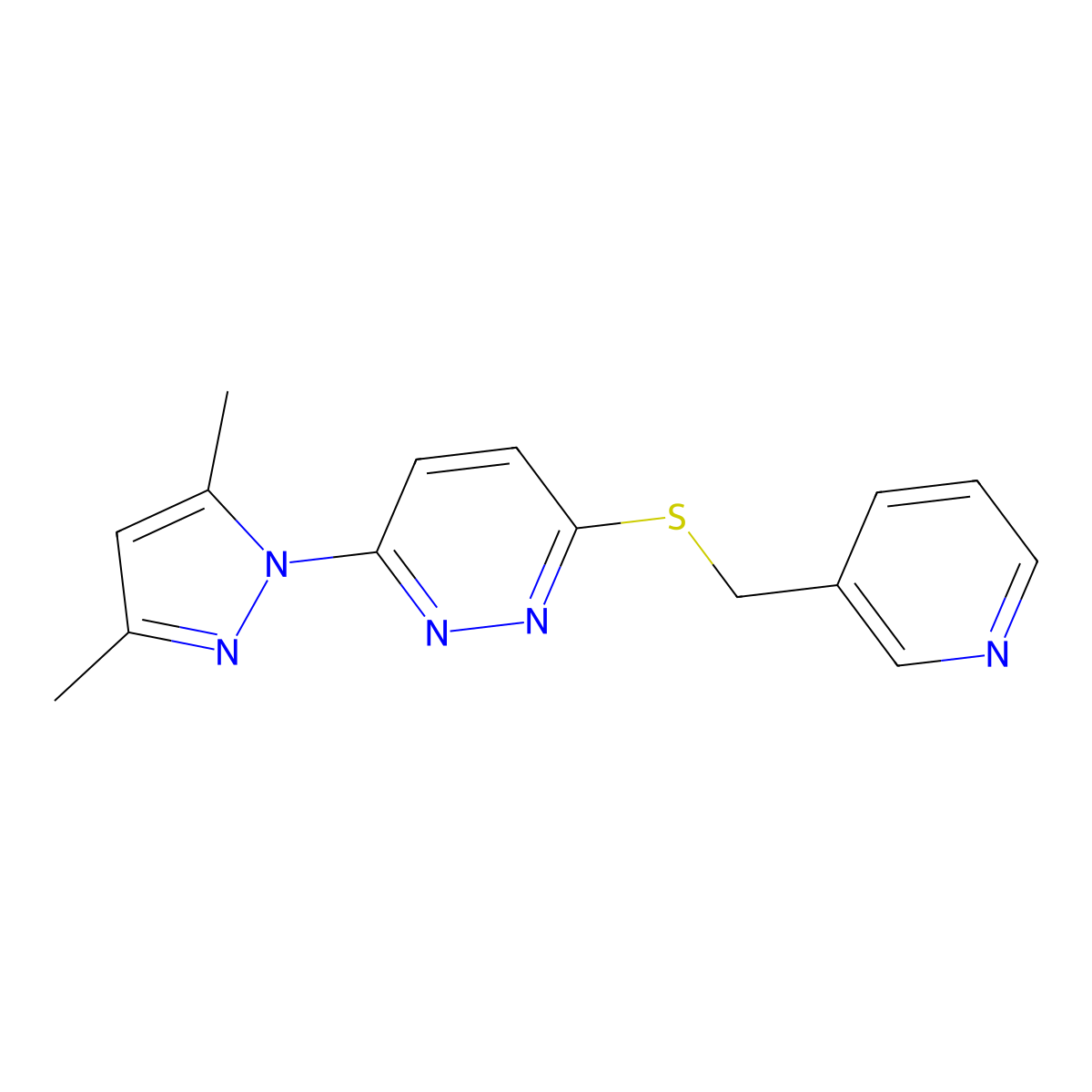 3-(3,5-dimethyl-1H-pyrazol-1-yl)-6-((pyridin-3-ylmethyl)thio)pyridazine molecular structure, CAS 1396564-12-7