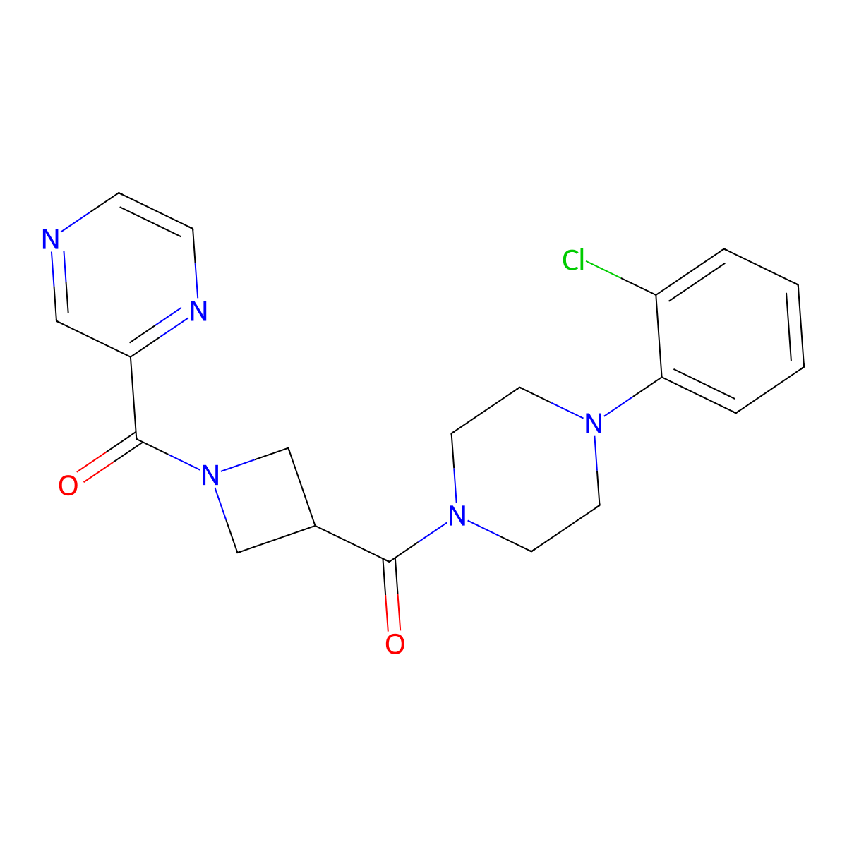 (4-(2-Chlorophenyl)piperazin-1-yl)(1-(pyrazine-2-carbonyl)azetidin-3-yl)methanone molecular structure, CAS 1396564-13-8
