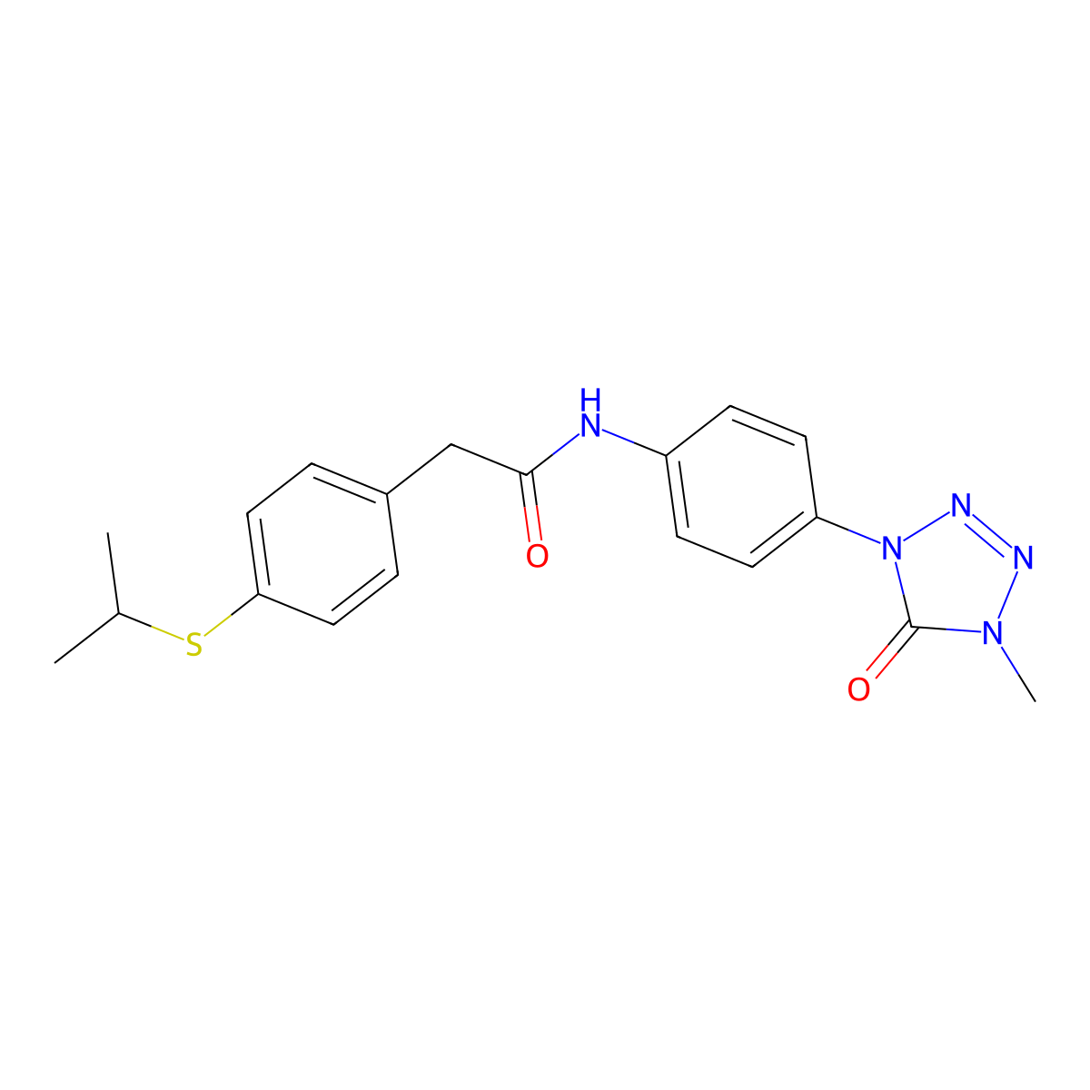 2-(4-(isopropylthio)phenyl)-N-(4-(4-methyl-5-oxo-4,5-dihydro-1H-tetrazol-1-yl)phenyl)acetamide molecular structure, CAS 1396564-37-6
