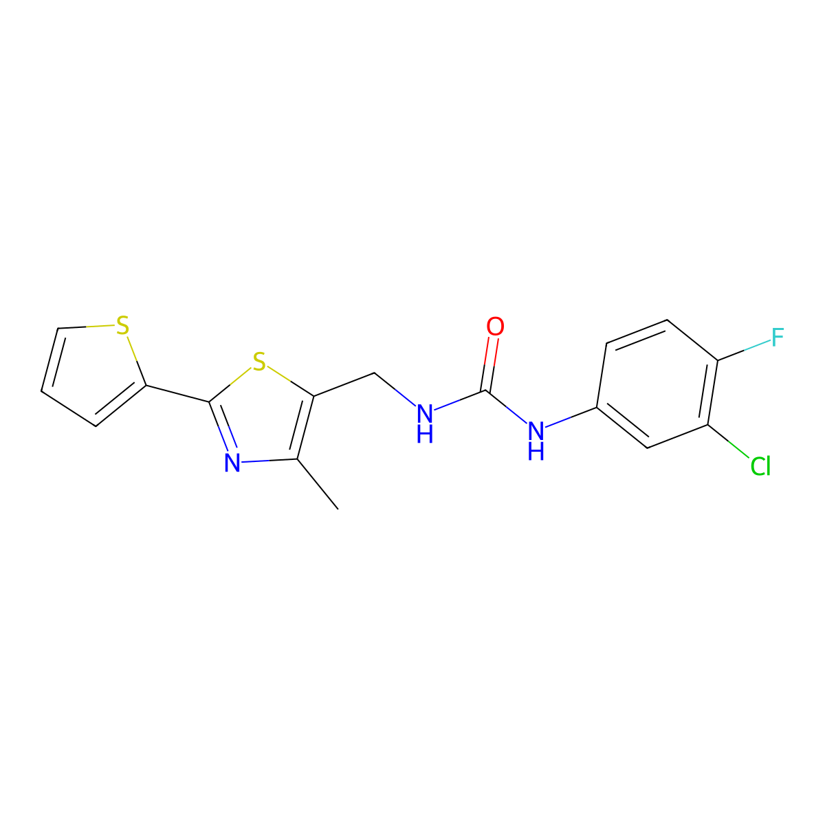 1-(3-Chloro-4-fluorophenyl)-3-((4-methyl-2-(thiophen-2-yl)thiazol-5-yl)methyl)urea molecular structure, CAS 1396565-07-3