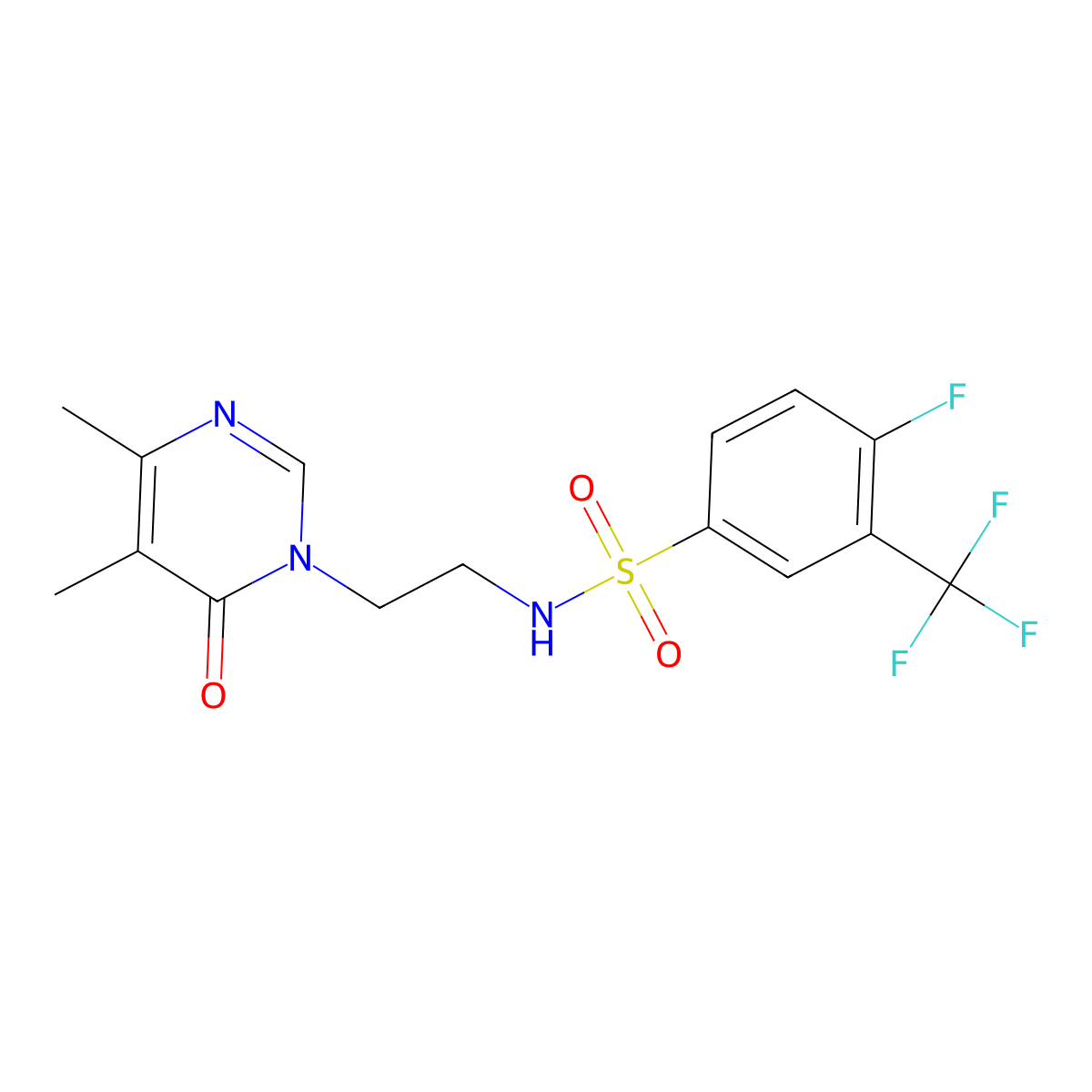 N-(2-(4,5-dimethyl-6-oxopyrimidin-1(6H)-yl)ethyl)-4-fluoro-3-(trifluoromethyl)benzenesulfonamide molecular structure, CAS 1396566-77-0