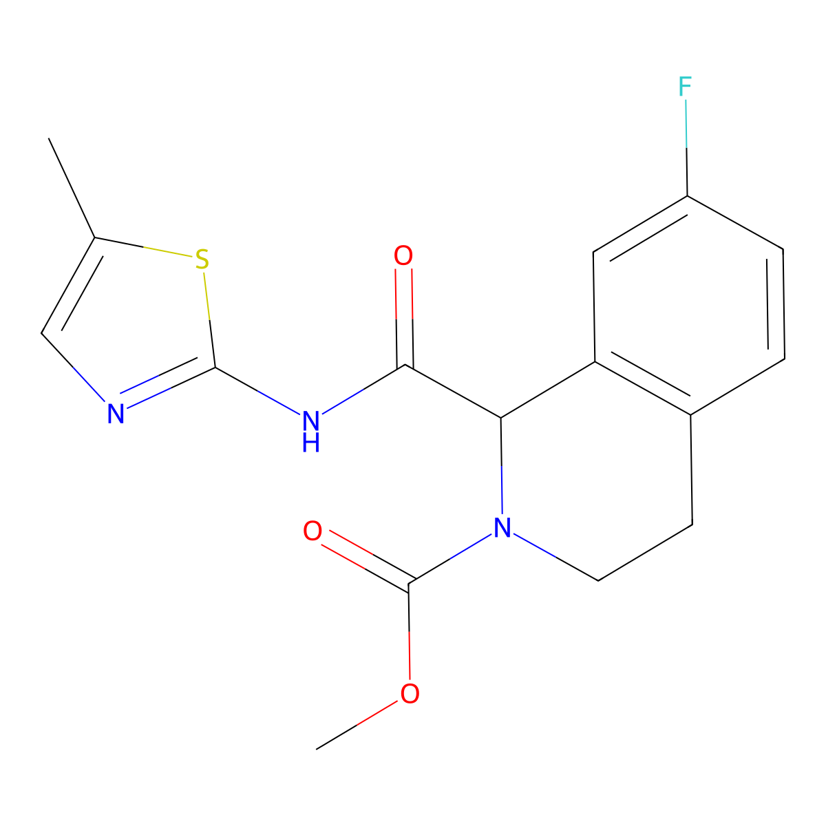 methyl 7-fluoro-1-((5-methylthiazol-2-yl)carbamoyl)-3,4-dihydroisoquinoline-2(1H)-carboxylate molecular structure, CAS 1396567-16-0