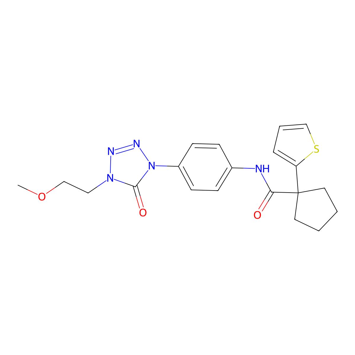 N-(4-(4-(2-methoxyethyl)-5-oxo-4,5-dihydro-1H-tetrazol-1-yl)phenyl)-1-(thiophen-2-yl)cyclopentanecarboxamide molecular structure, CAS 1396567-40-0
