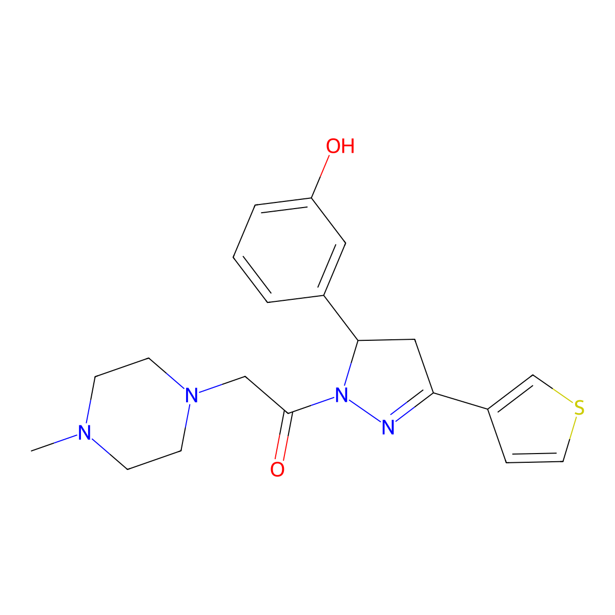 1-(5-(3-hydroxyphenyl)-3-(thiophen-3-yl)-4,5-dihydro-1H-pyrazol-1-yl)-2-(4-methylpiperazin-1-yl)ethanone molecular structure, CAS 1396568-15-2