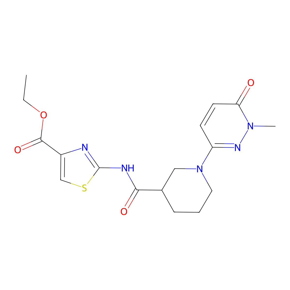 Ethyl 2-(1-(1-methyl-6-oxo-1,6-dihydropyridazin-3-yl)piperidine-3-carboxamido)thiazole-4-carboxylate molecular structure, CAS 1396568-39-0