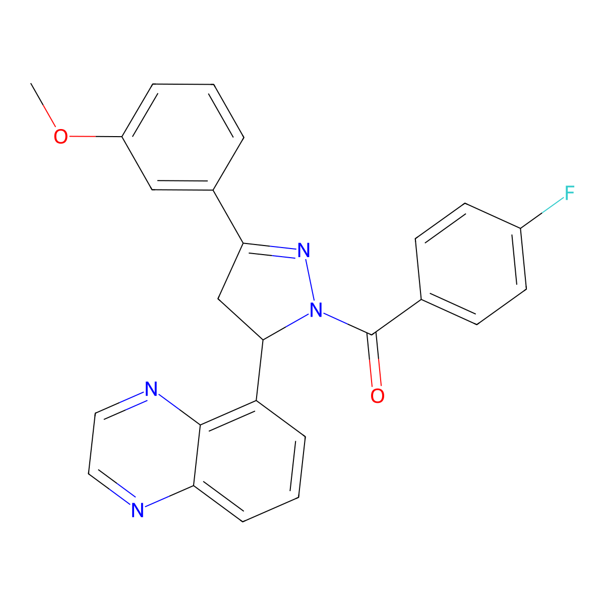 (4-fluorophenyl)(3-(3-methoxyphenyl)-5-(quinoxalin-5-yl)-4,5-dihydro-1H-pyrazol-1-yl)methanone molecular structure, CAS 1396570-81-2