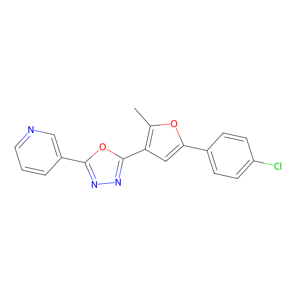 2-(5-(4-Chlorophenyl)-2-methylfuran-3-yl)-5-(pyridin-3-yl)-1,3,4-oxadiazole molecular structure, CAS 1396571-07-5