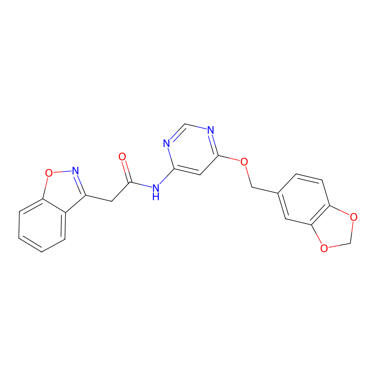 N-{6-[(2H-1,3-benzodioxol-5-yl)methoxy]pyrimidin-4-yl}-2-(1,2-benzoxazol-3-yl)acetamide molecular structure, CAS 1396572-38-5