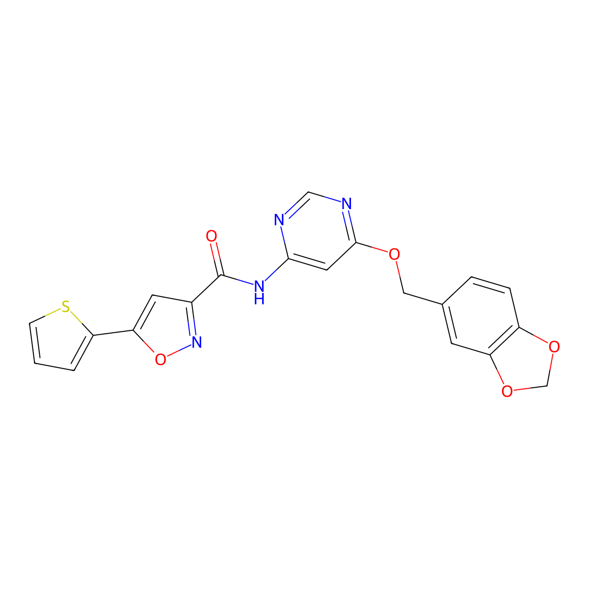 N-(6-(benzo[d][1,3]dioxol-5-ylmethoxy)pyrimidin-4-yl)-5-(thiophen-2-yl)isoxazole-3-carboxamide molecular structure, CAS 1396573-26-4