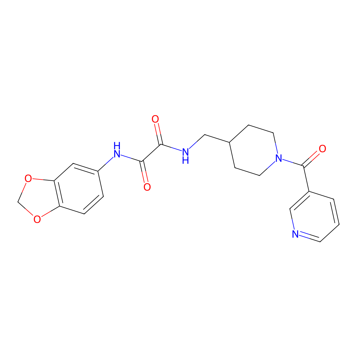 N1-(benzo[d][1,3]dioxol-5-yl)-N2-((1-nicotinoylpiperidin-4-yl)methyl)oxalamide molecular structure, CAS 1396573-42-4