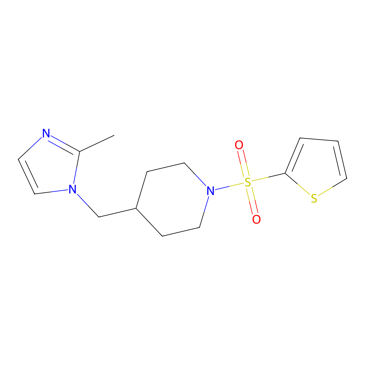 4-((2-methyl-1H-imidazol-1-yl)methyl)-1-(thiophen-2-ylsulfonyl)piperidine molecular structure, CAS 1396576-12-7