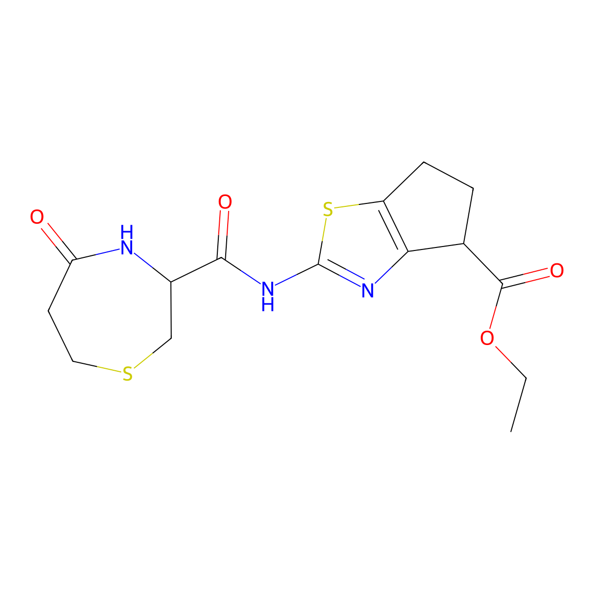ethyl 2-(5-oxo-1,4-thiazepane-3-carboxamido)-5,6-dihydro-4H-cyclopenta[d]thiazole-4-carboxylate molecular structure, CAS 1396576-13-8