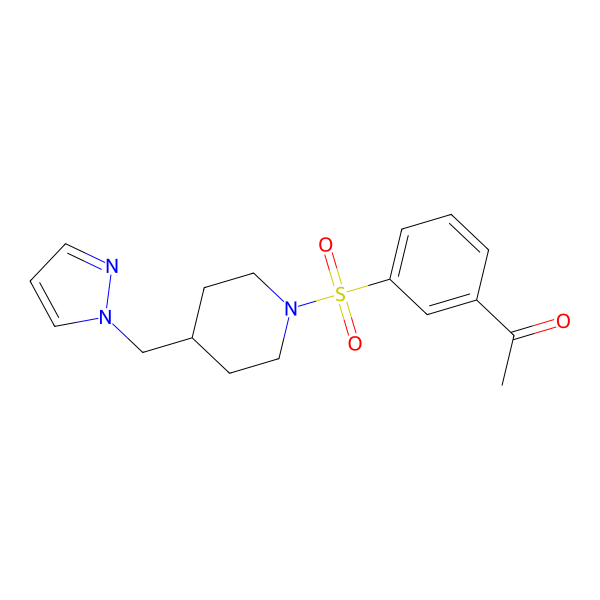 1-(3-((4-((1H-pyrazol-1-yl)methyl)piperidin-1-yl)sulfonyl)phenyl)ethanone molecular structure, CAS 1396578-10-1