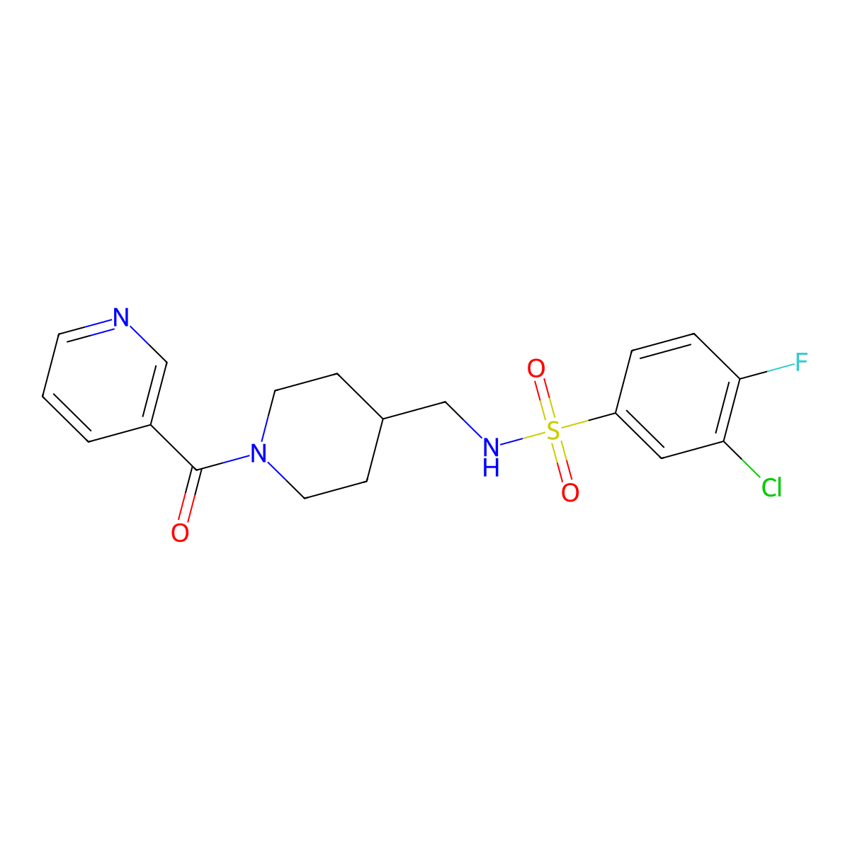 3-chloro-4-fluoro-N-((1-nicotinoylpiperidin-4-yl)methyl)benzenesulfonamide molecular structure, CAS 1396578-31-6